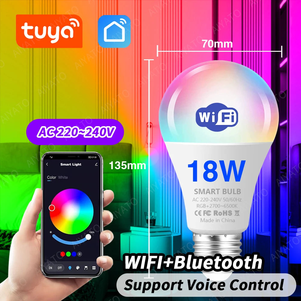 Tuya Wifi Bluetooth Led Lamp Smart Life App Control Dimbaar 9W 18W E27 220V Rgb + Cw + Ww Kleurverandering Lampen Compatibel Ios/Android
